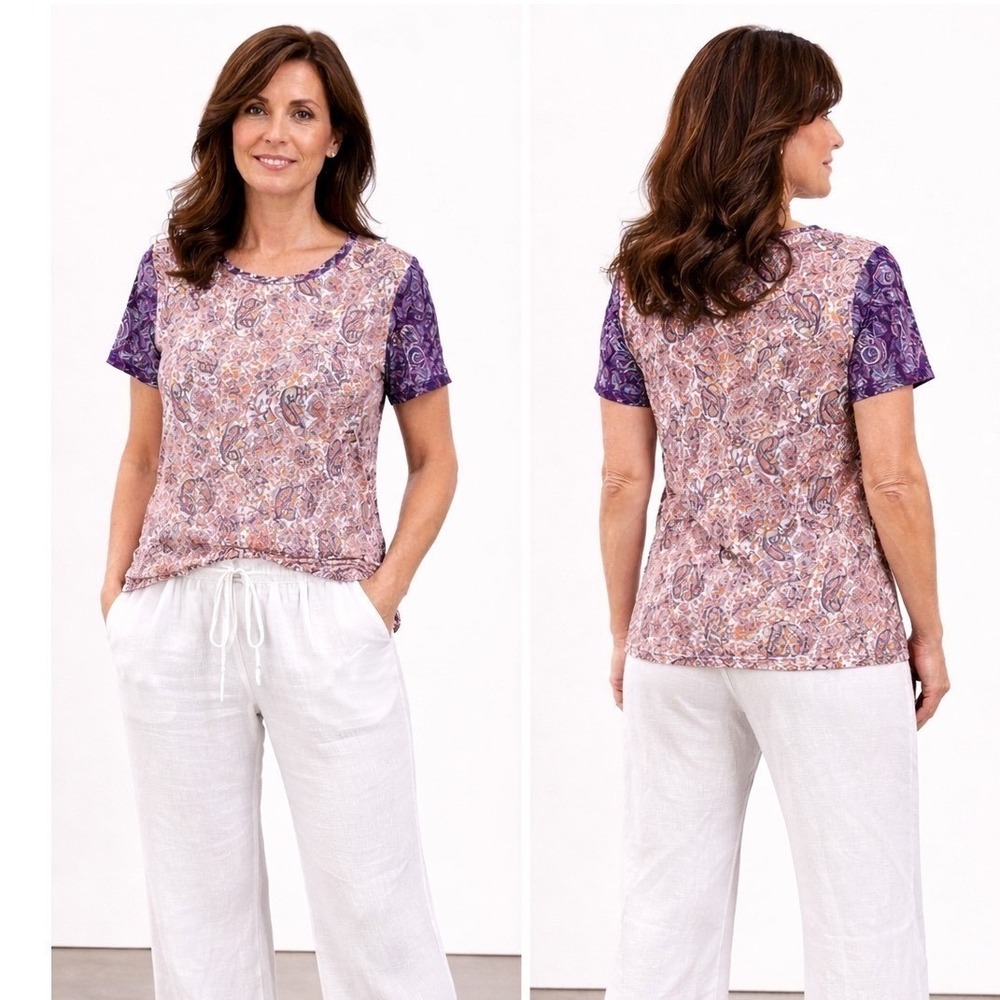 Lands' End T-Shirt Women L 14-16 White Orange‎ Paisley Cotton Short Sleeve Tee